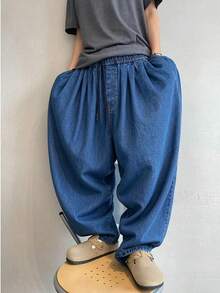 Men's Super Loose Fit Wide Hip Solid Color Elastic Waist Denim Jeans Casual Versatile Unrestricted All Season Hip Hop Long Pants - Medium Wash - View 1