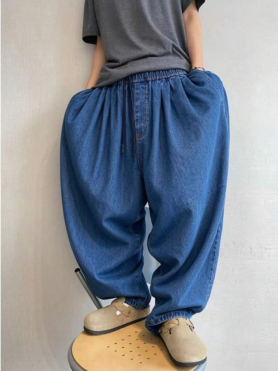 Men's Super Loose Fit Wide Hip Solid Color Elastic Waist Denim Jeans Casual Versatile Unrestricted All Season Hip Hop Long Pants - Medium Wash - View 1