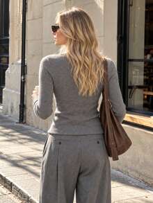 Women's Ribbed Funnel Neck Knit Top With Floral Applique Long Sleeve Fall Winter Sweater - Dark Grey - View 4