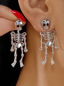 2pcs Halloween Skeleton/Bone Design Earrings, Suitable For Holiday Wear - Silver - View 1