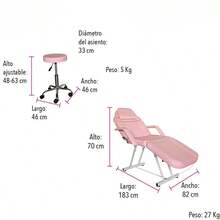 1 Pieza Silla Cama para Faciales Color Rosa con Banco, Camilla para Lashista Ajustable de Respaldo y Reposapiés, Marco de Acero, Esponja Gruesa, Carga hasta kg, para Spa, Belleza, Masajes y Cuidado de la Piel - Rosa - Ver 2