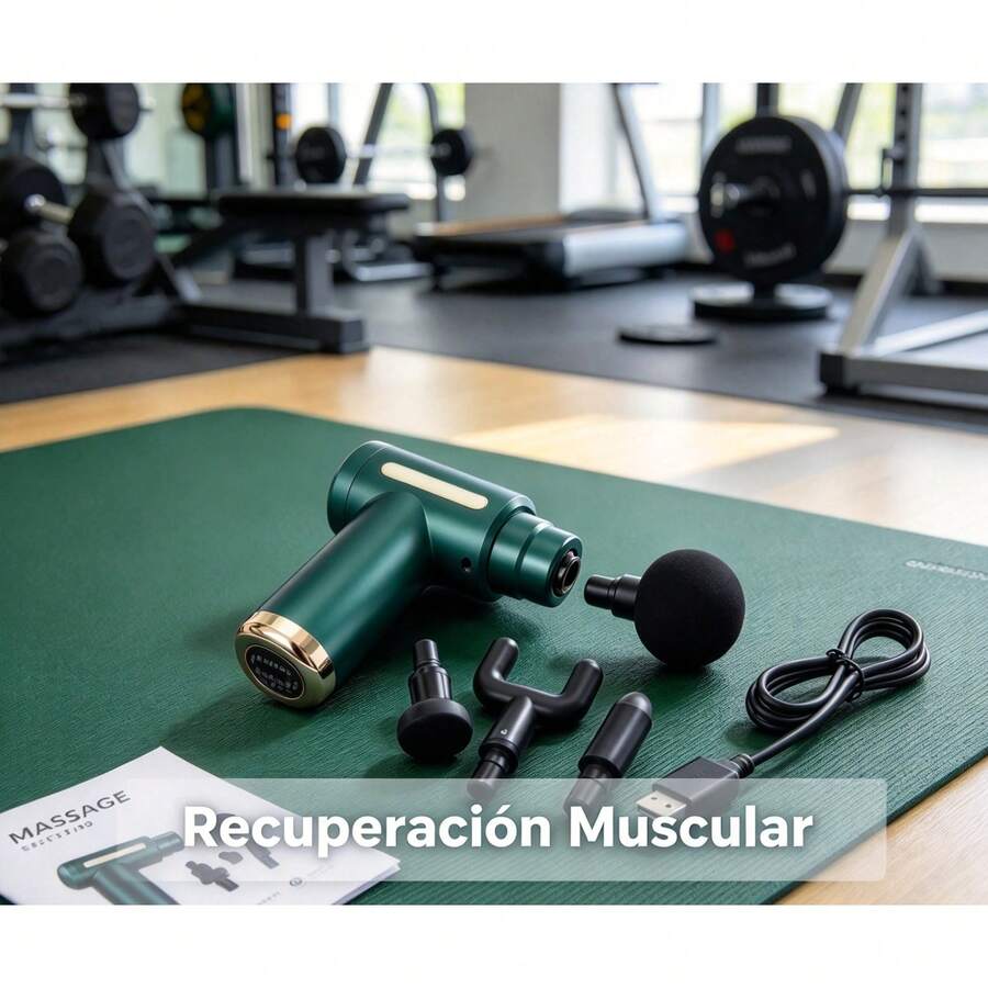 1 pistola de masaje eléctrica portátil de color verde, con 6 niveles de intensidad, 4 cabezales de masaje, carga por Type-C, para aliviar la fatiga muscular. - Verde - Ver 1