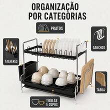 Suporte Secador de Pratos 2 Andares com Acessórios, Aço Carbono Preto e Cromado, Porta-Talheres, Cabide para Tábua e Ganchos, Bandeja de Água – 40x25x30cm - Visão 9