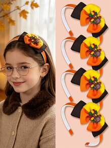 1pc Girls Thanksgiving Bow Headband, Multi-Layer Orange Yellow Brown Ribbon Bow With Cute Turkey Decor, Fall Holiday Party Hair Accessories For Kids - Multicolor - View 2