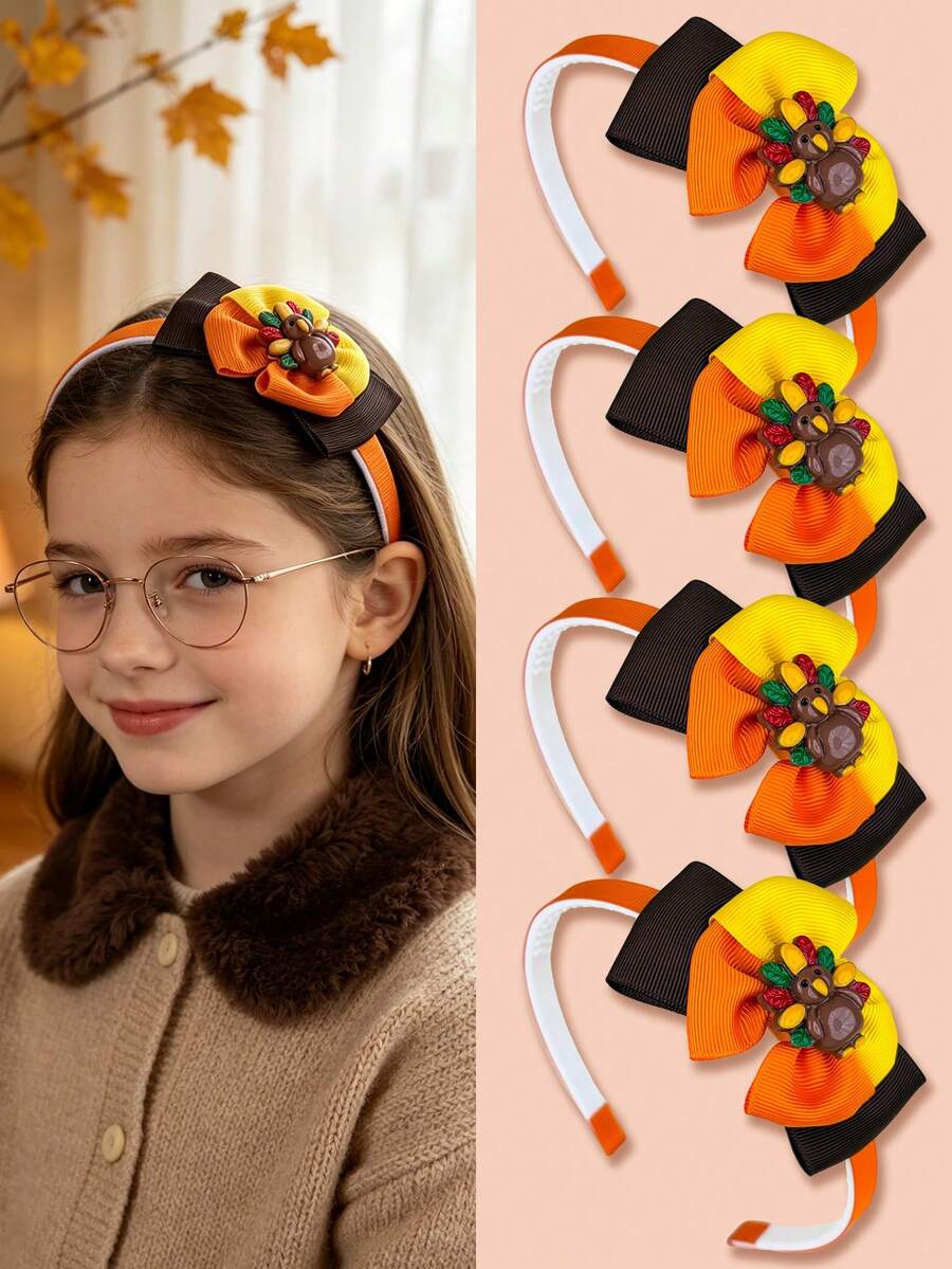 1pc Girls Thanksgiving Bow Headband, Multi-Layer Orange Yellow Brown Ribbon Bow With Cute Turkey Decor, Fall Holiday Party Hair Accessories For Kids