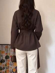 Women's Elegant British Style Asymmetric Lapel Design Long Sleeve Cinched Waist Waist Blouse, Solid Color Belt Front Button Closure, Vintage Versatile Commute Office Daily Date - Brown - View 5