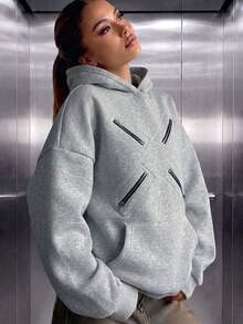 Women's Casual Fleece Lined Multi Zipper Storage Pockets Oversized Hoodies For Daily Wear,Winter Fall Clothes,Fall Winter Outfit,Going Out - Flower Gray - View 5