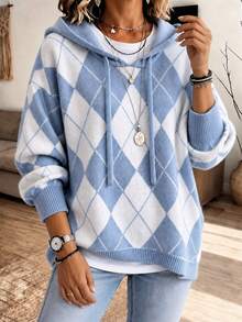 Women's Plus-Size Diamond-Patterned Drawstring Hooded Pullover Sweater, Long Bat-Sleeved Ribbed Knitted Top For Autumn And Winter, Slightly Elastic - Blue - View 7