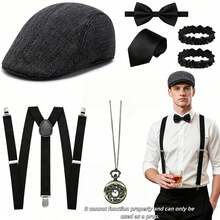 Halloween 1920s 7-Piece Party Costume Set | Men's 7-Piece Gangster Outfit Accessories, Suitable For 20s Theme Party, Halloween Cosplay, Adult Costume Set - Multicolor - View 4