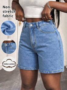 Women's Solid Color Versatile Loose Straight Bermuda Denim Shorts, Blue Casual Summer, Effortless Style - Medium Wash - View 2