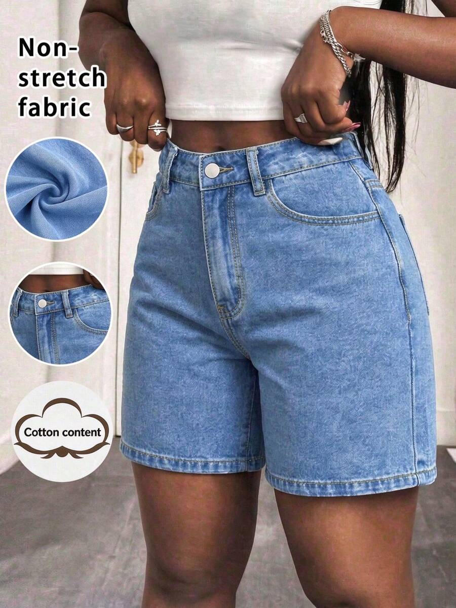 Women's Solid Color Versatile Loose Straight Bermuda Denim Shorts, Blue Casual Summer, Effortless Style