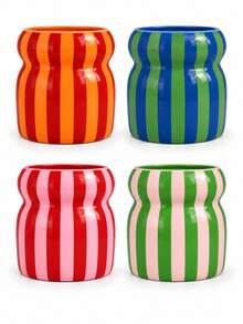 1pc Colorful Striped Vase, Glossy Wide Mouth Christmas Tabletop Decor Ornament - Multicolor - View 2