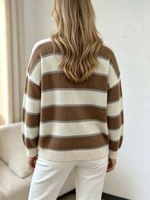 Plus Size Round Neck Striped Colorblock Knit Pullover Sweater - Apricot - View 5