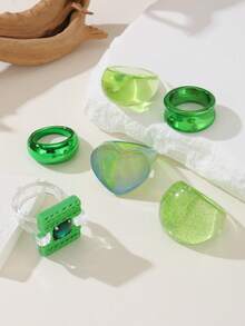 Y2K Style Green Colorblock Ring Set, Personalized Glitter Heart & Square Wide Band Stackable Rings - Multicolor - View 3