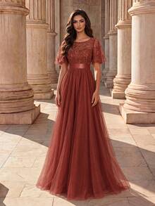 EVERPRETTY Ruffled Sleeve Floral Sequin Mesh Evening Gown, Elegant Evening Dress Fall Wedding Party - Burnt Orange - View 1