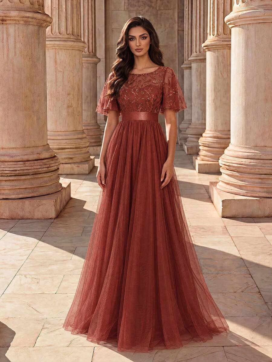 EVERPRETTY Ruffled Sleeve Floral Sequin Mesh Evening Gown, Elegant Evening Dress Fall Wedding Party - Burnt Orange - View 1