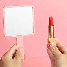 Square Handheld Makeup Mirror With Handle Portable Cosmetic Hand Mirror Clear Glass Mirror Hand‑Held Vanity Mirror For Makeup - Watermelon Pink - View 2