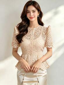 Modern Filipiniana Peplum Solid Color Lace Button Women's Top For Holiday, Wedding, Vacation, Daily, Birthday, Party, Date, Spring/Summer Fall - Champagne - View 1