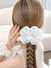 1pc White Satin Scrunchie With Polka Dot Pattern, Shiny Elegant Hair Accessory For Loose Ponytail, Autumn - Multicolor - View 11