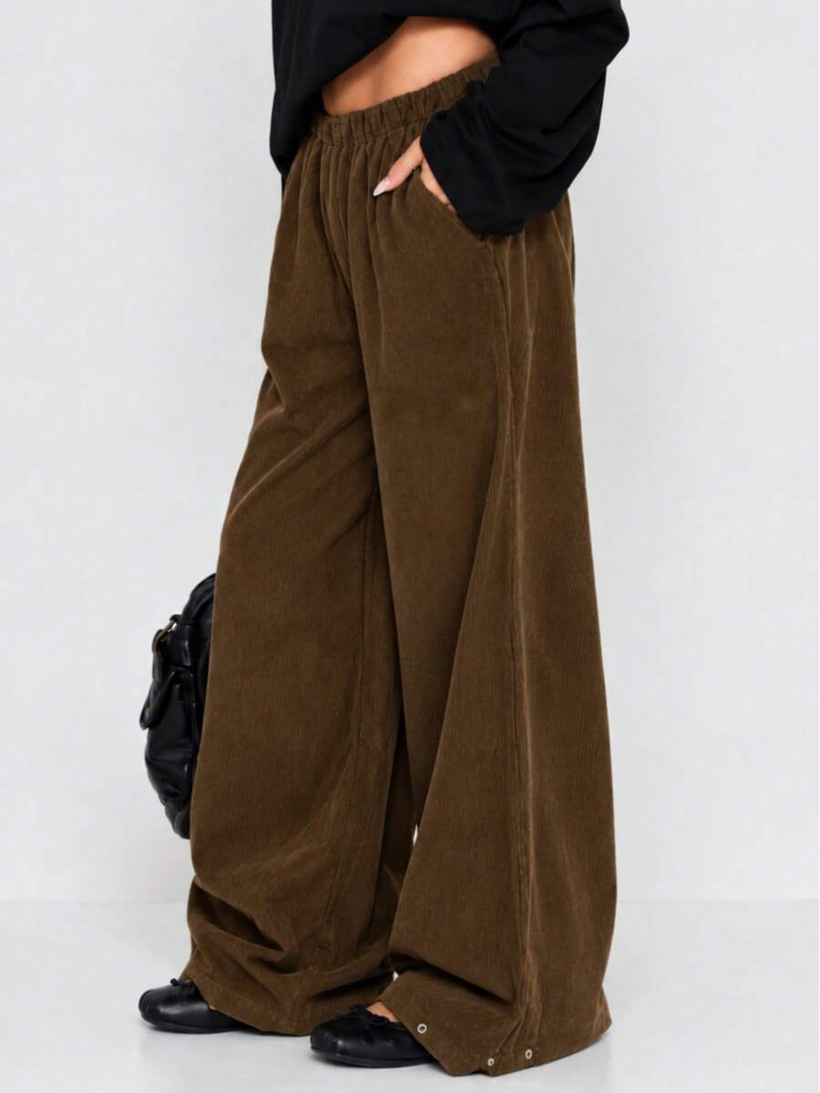 Women's Vintage Brown Corduroy Wide Leg Pants With Pockets, Button Closure Design, Comfortable And Fashionable For Autumn - Coffee Brown - View 1