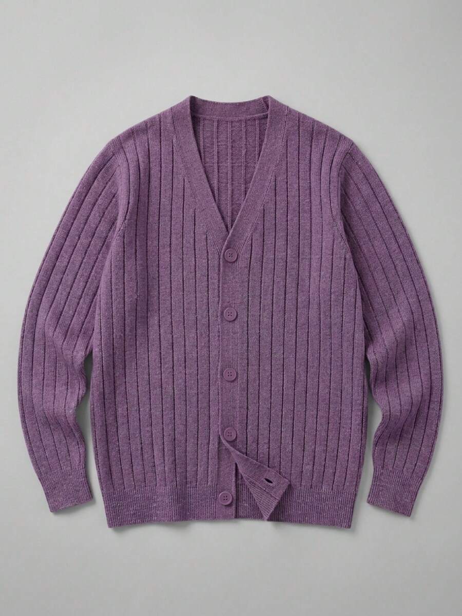 Cárdigan tejido acanalado hombre cuello V manga larga botones estilo old money preppy smart casual clean aesthetic Gen Z ideal citas oficina otoño invierno knitwear classy outfit trendy - Lila Púrpura - Ver 1