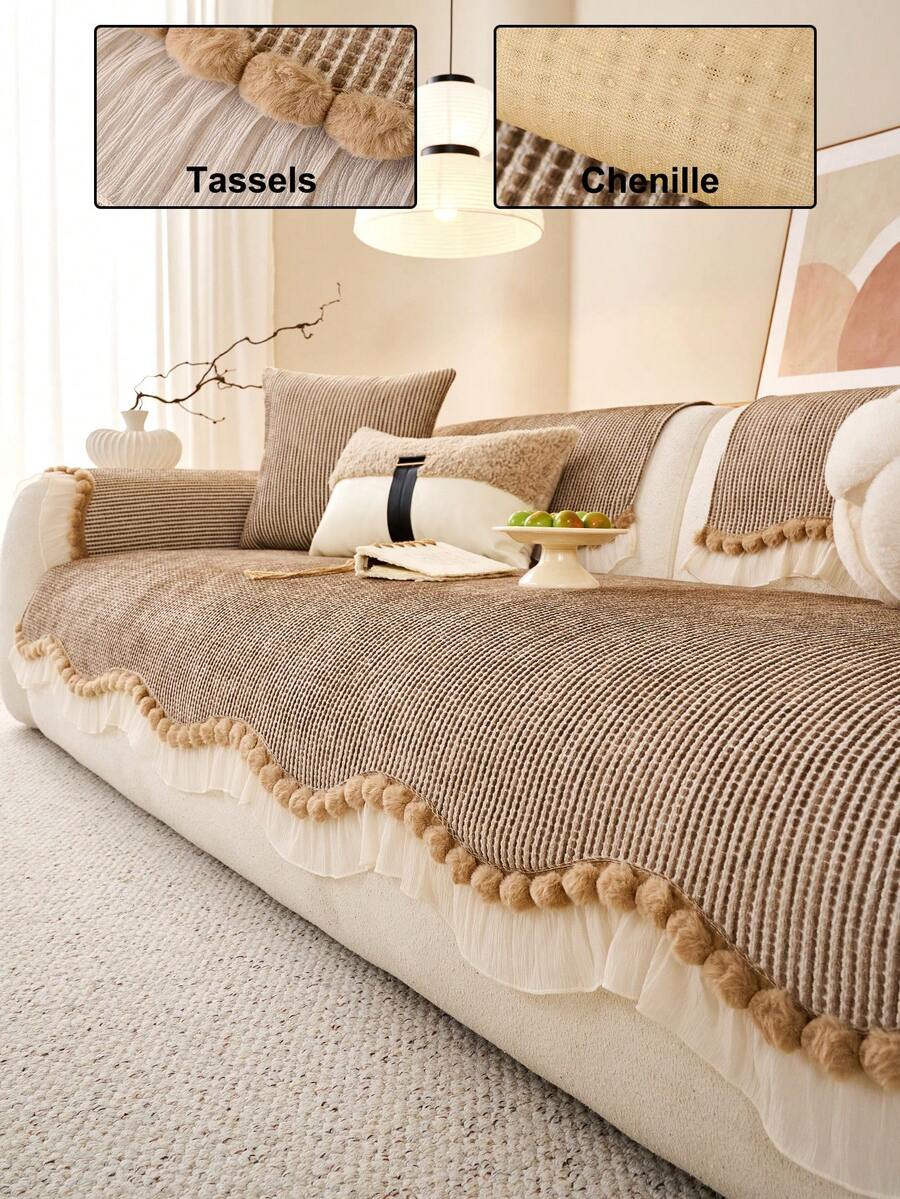 1pc Plush Material Sofa Cover, Pet-Friendly Durable, Non-Slip Back, Machine Washable, Holiday Decor Protection For Sofa, 3-Seater/4-Seater Armrest Cover Backrest Cover, Autumn Decor, Room Decor, Back To School, School Supplies, - Khaki - View 1