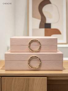 Set Of 2 Small & Large Ripple Textured PU Leather Jewelry Boxes With Gold Round Metal Handle, Luxury Cream White Lidded Accessory Organizer Storage Box For Bedroom Vanity Home Decor Gift - White - View 10