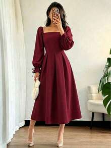 Elegant Women's Square Neck A-Line Midi Dress With Long Pleated Ruffle Sleeves, Suitable For Autumn Formal Occasions - Burgundy - View 4
