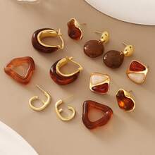 10pcs Coffee Amber Stud Earrings For Women, Luxury High-End Niche Design Pearl Earrings (Random Pattern) - Gold - View 2