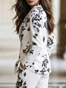 Women's White Floral Print Single-Button Blazer Slimming Elegant Casual Utility Jacket Fashionable Retro Modern Style,Fall Winter - White - View 2