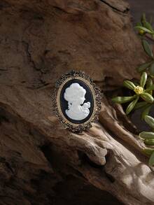 Cring Coco 1pc Victorian Style Cameo Lady Brooch, Vintage Oval White Woman Profile On Black Base, Ornate Antique Metal Frame, Jewelry Gift For Retro Enthusiasts - Beauty Head - View 8