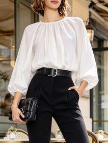 Women's Ruched Crew Neck Top Puff Half Sleeve Loose Comfortable Blouse For Fall Winter Daily Commuting Going Out Dating - White - View 2