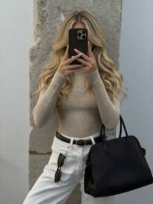 Live To Mo Women's Casual Khaki Turtleneck Basic Knit Top, Fitted Long‑Sleeve Pullover Sweater For Fall & Winter Business Inner Wear - Khaki - View 6