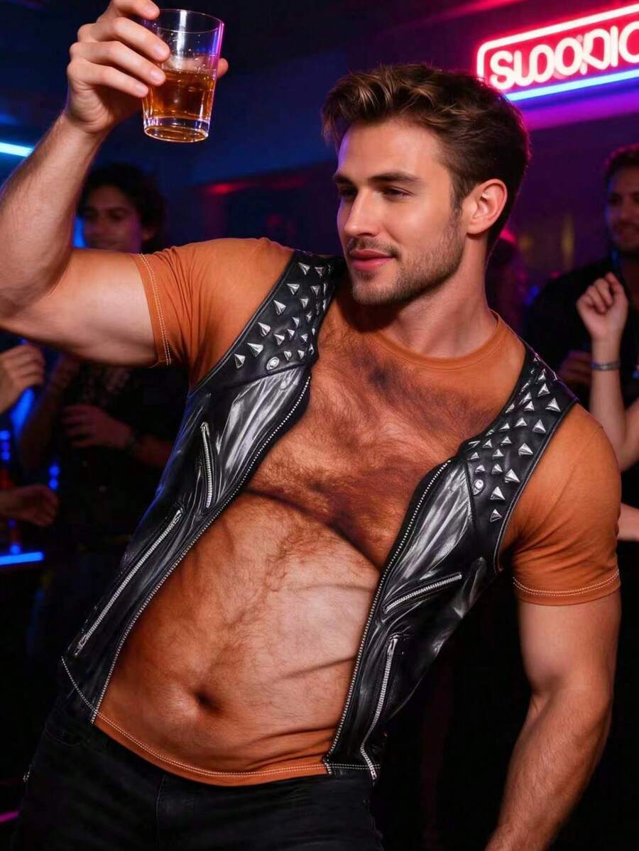 Men's 100% Polyester Funny 3D Print Plush Abs Simulation Vest Round Neck Short Sleeve Graphic T-Shirt, Party Prank Casual Creative Shirt - Multicolor - View 1