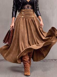 Rok Pinggang Tinggi Bergaya Retro untuk Wanita - Coklat - View 1