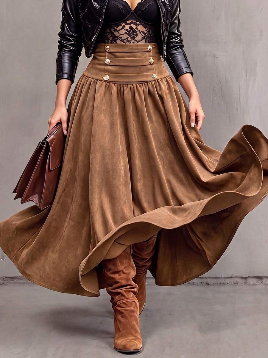 Rok Pinggang Tinggi Bergaya Retro untuk Wanita - Coklat - View 1