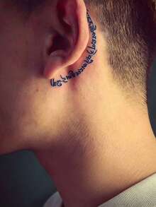 1 Sheet Curved Mantra Temporary Tattoo Sticker, Spiritual Behind Ear Script Fake Tattoo, Waterproof Body Art Decal For Neck Behind Ear - Black - View 4