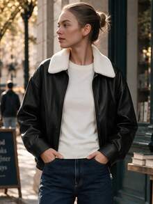 Women's Black PU Leather Jacket, Lamb Fleece Collar, Loose Long Sleeve Zipper Lapel Flight Jacket, Autumn/Winter Style - Black - View 4