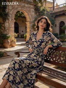 ELYRADIA Robe longue élégante pour femme - Robe maxi moulante col V avec fente latérale, imprimé floral, manches longues et taille à cordon, parfaite pour les occasions formelles d'automne - bleu indigo - Voir 1