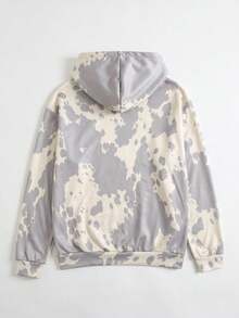 Grey And White Cow Print All-Over Print Hoodie, Fresh Spotted Print Loose Fit Kangaroo Pocket Casual Men's American Style Sweatshirt - White - View 5