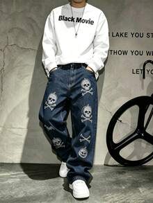 Street Style Skull Pumpkin Bat Digital Print Y2K Loose Baggy Wide Leg Raw Denim Washed Casual Long Pants For Men - Medium Wash - View 3