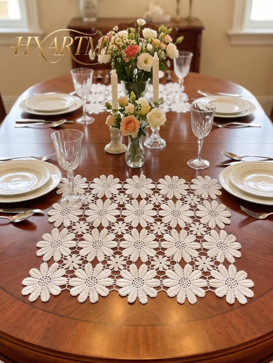 HXARTMIS 1pc Embroidered Hollow Daisy Floral Lace Table Runner, Vintage ...