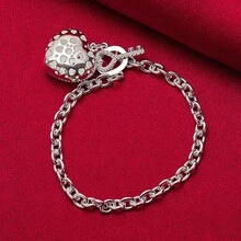 925 Sterling Silver Plated Silver Plated AAA Zirconia Heart Key Bracelet Jewelry - Silver - View 2