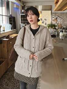 Comfortable Women's Soft Knit Hooded Cardigan, Long Sleeve Regular Hem With Buttons For Everyday Wear In Fall And Winter - Grey - View 2