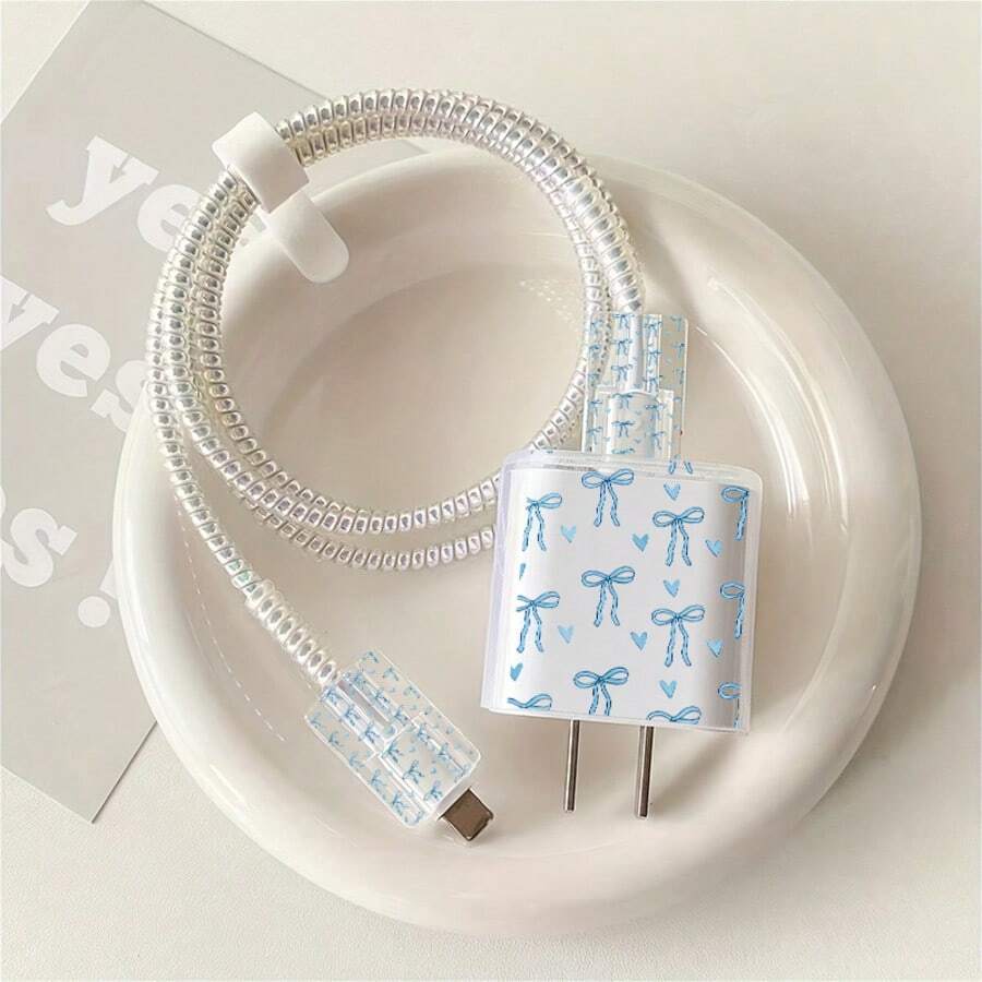 5pcs 2D Flat Design Heart Bow Phone Charger Protection Set, Charger Head Cover + Cable Protector + Storage Rope + Data Cable Protector Spiral Wrap, Compatible With Iphone 20W/18W Charger - Multicolor - View 1