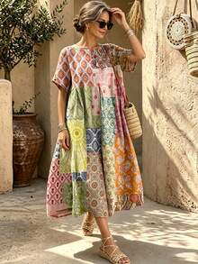 Bohemian Vacation Casual Patchwork Floral Print Loose Dress Women Spring Summer Holiday Wear Print Pattern Pocket Design Print Patchwork Elegant - Multicolor - View 4