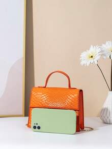 1pc Girls Vintage Snake Embossed Flap Small Square Bag, Solid Color Handbag With Detachable Chain Strap, One Shoulder Crossbody Bag - M963 - View 10