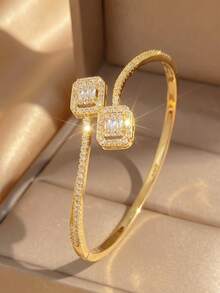 2Pcs Sparkling Geometric Square Baguette CZ Bangle Ring Set, 18K Gold Plated Statement Open Cuff Jewelry For Women Evening Party Wedding - Multicolor - View 9