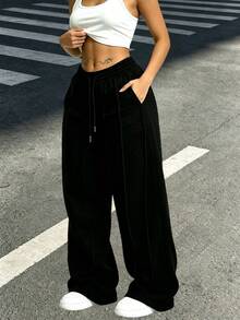 Women's Fashion Long Pants, Multi-Color Options, 1 Pair, High Waist Flattering Fit, Concealing Thigh Fat, Drapey Floor-Length Sweatpants, Suitable For Outdoor Outings, Daily Commute, Street Photography, Outfit Gift For Girlfriend And Best Friend - Black - View 4