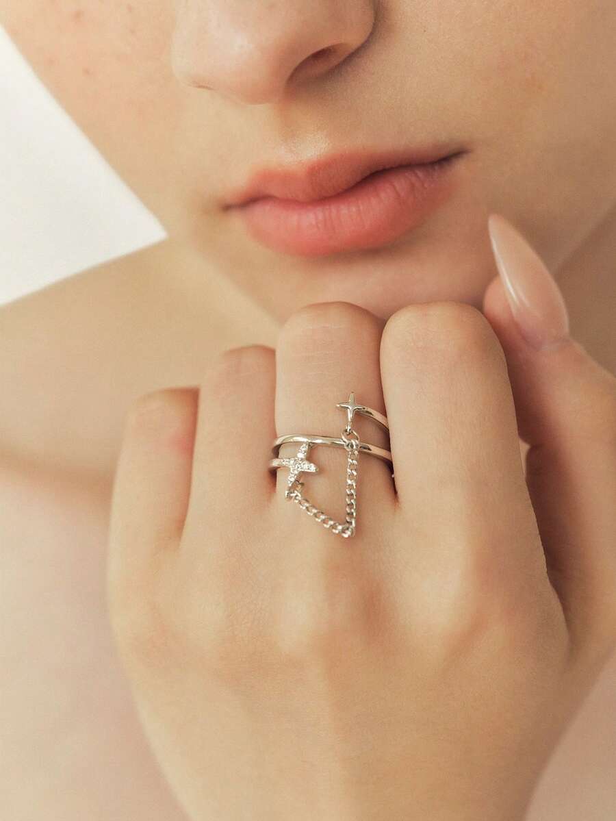 Sorayune 1pc Exclusive Design Luxury Chain Meteor & Double Layer Cross Ring - Silver - View 1